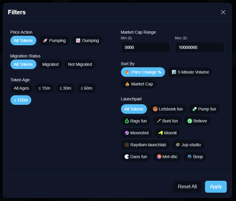 RocketScan filters modal